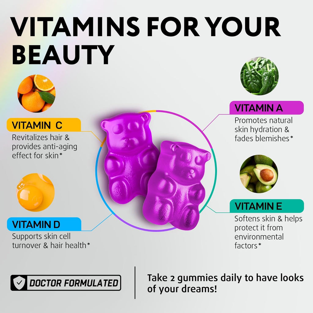 Hair Skin and Nails Gummies with Biotin Collagen Keratin Astragalus - Hair Growth Supplement & Hair Vitamins for Hair Loss for Women & Men, Hair Skin and Nails Multivitamin B7 Gummies, 60 Gummy Bears