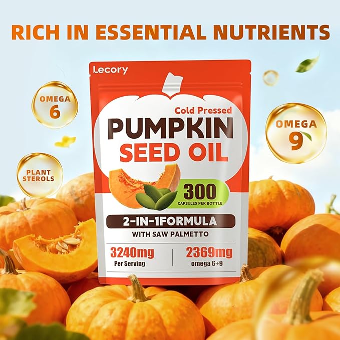 Pumpkin Seed Oil Capsules with Saw Palmetto - 3240mg - 300 Softgels, Cold Pressed, Essential Fatty Acids & Phytosterols, Natural Supplement for Hair Growth, Urinary - Non-GMO