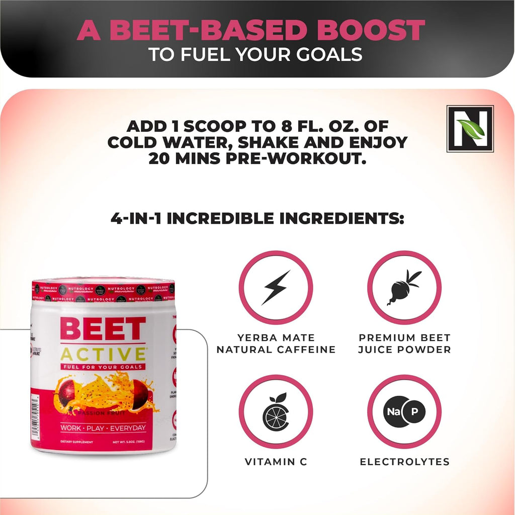 Nutrology Beet Active, Natural Pre-Workout Powder, Supports Energy, Endurance & Nitric Oxide Flow with Beet Powder, Yerba Mate & Electrolytes, Vegan Pre Workout, Passion Fruit Flavor, 30 Servings