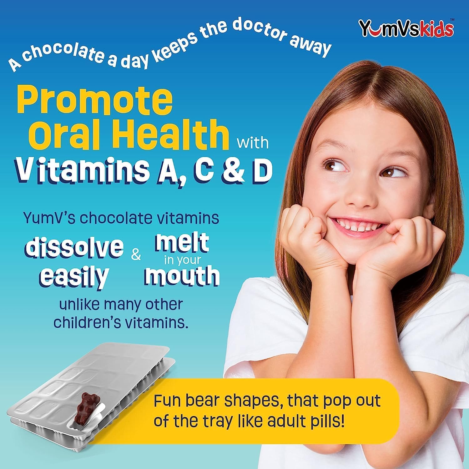 YUM-V'S - Kids Multivitamin Chewable Chocolate Bears - Multivitamin for Kids Supplement - 16 Vitamins & Minerals - Vitamins Including D, Zinc, C, B Complex & More, 60 Count (Pack of 2)