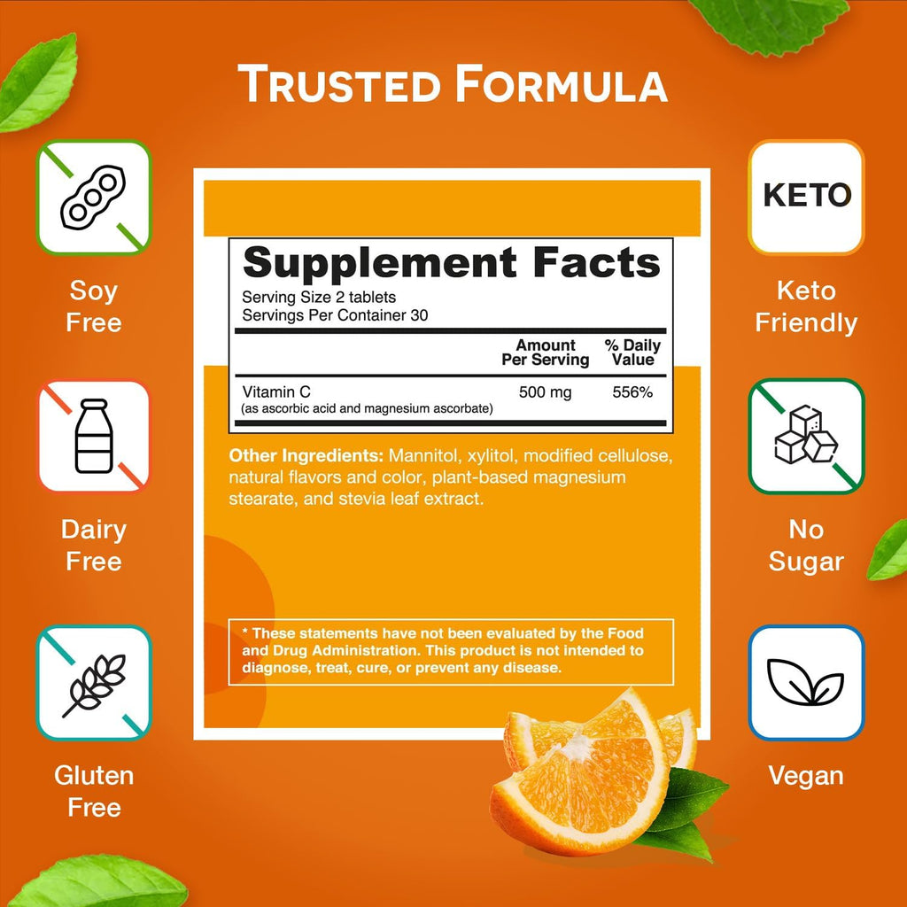 EZ Melts Dissolvable Vitamin C 500 mg, Sugar-Free, 1-Month Supply
