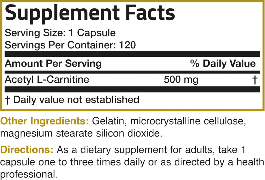 Bronson Acetyl L-Carnitine 500 MG High Potency Amino Acid Non-GMO, 120 Capsules