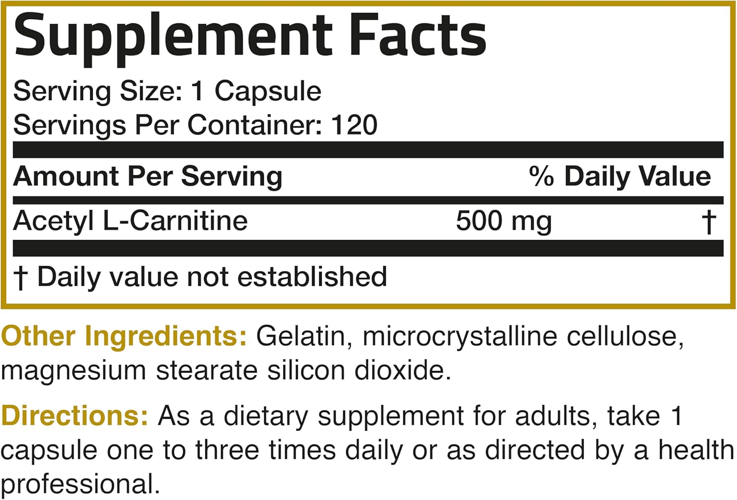 Bronson Acetyl L-Carnitine 500 MG High Potency Amino Acid Non-GMO, 120 Capsules