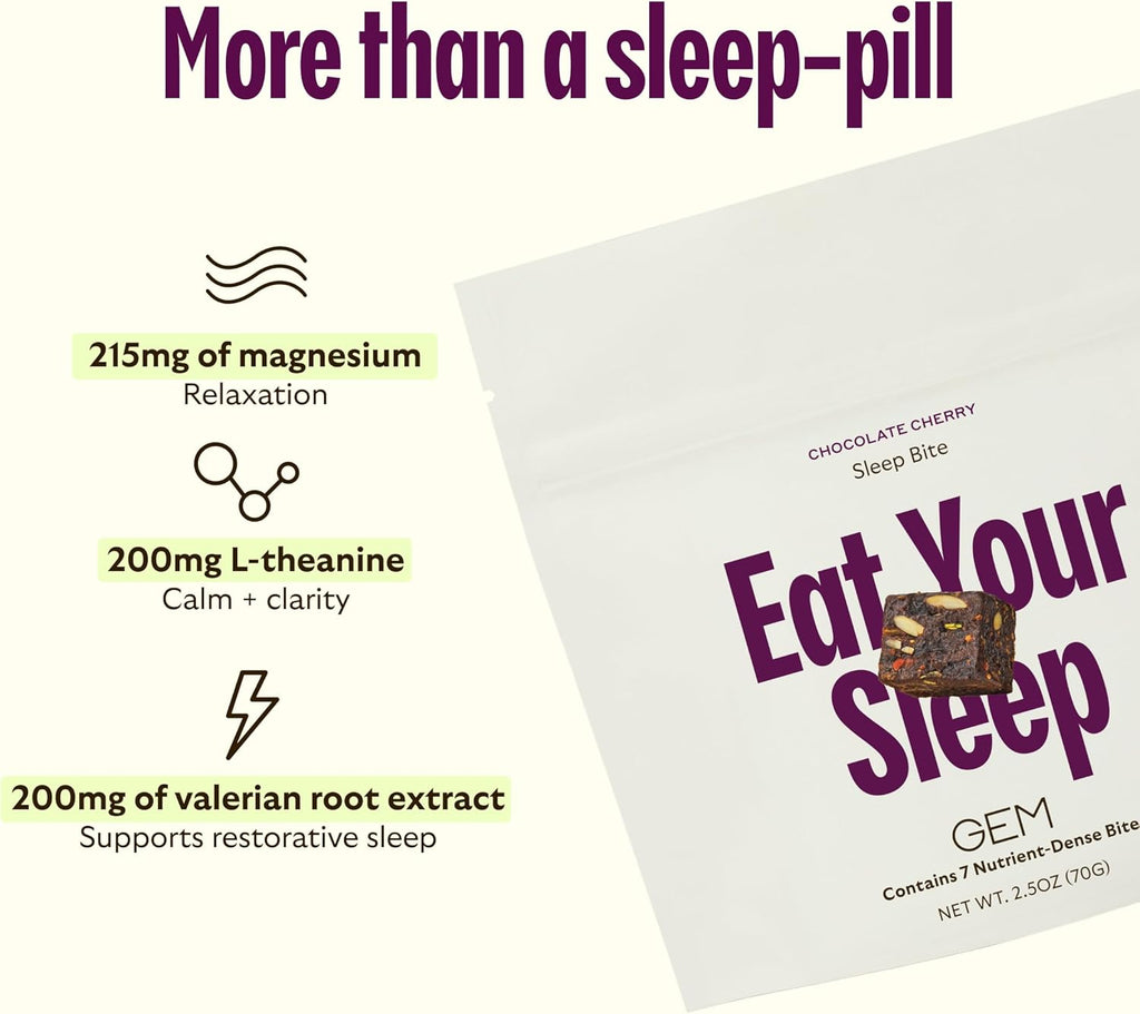GEM Sleep Aid, Nighttime Bite, Melatonin Free, L-Theanine, Magnesium, Valerian Root Extract | Vegan and Gluten Free | Earthy Chocolate Cherry, Trial Size (28 Pack)