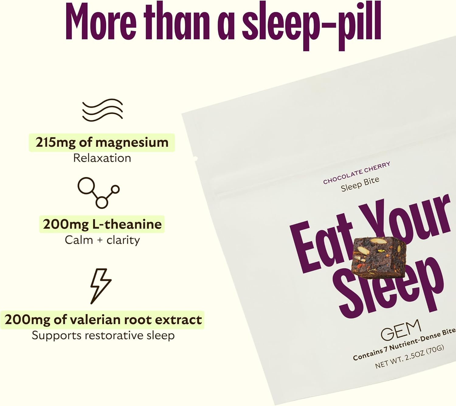 GEM Sleep Aid, Nighttime Bite, Melatonin Free, L-Theanine, Magnesium, Valerian Root Extract | Vegan and Gluten Free | Earthy Chocolate Cherry, Trial Size (28 Pack)