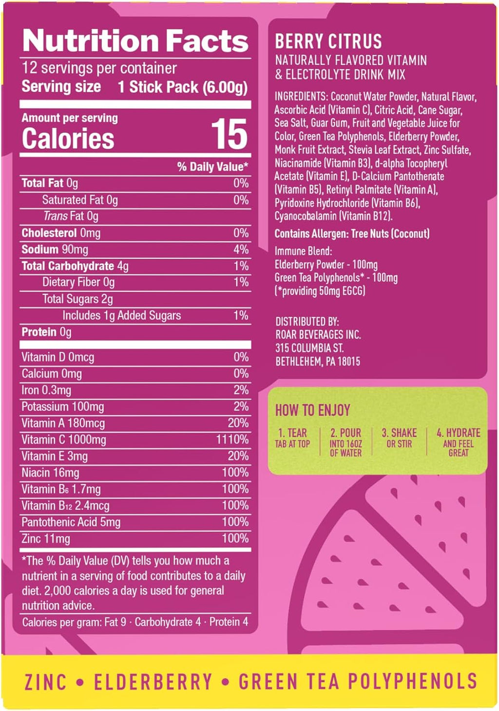 ROAR Immune Support Powder - Hydration Packets with Zinc and Elderberry - Electrolytes Powder - No GMOs, Gluten Free - Berry Citrus - 12 pc