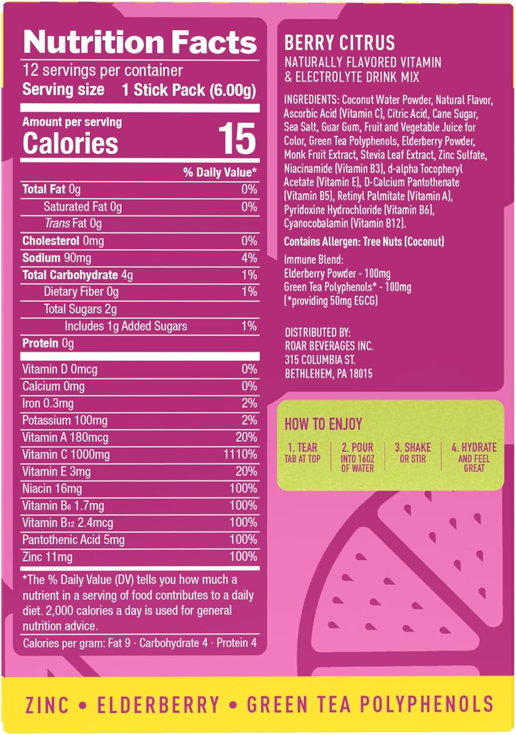 ROAR Immune Support Powder - Hydration Packets with Zinc and Elderberry - Electrolytes Powder - No GMOs, Gluten Free - Berry Citrus - 12 pc