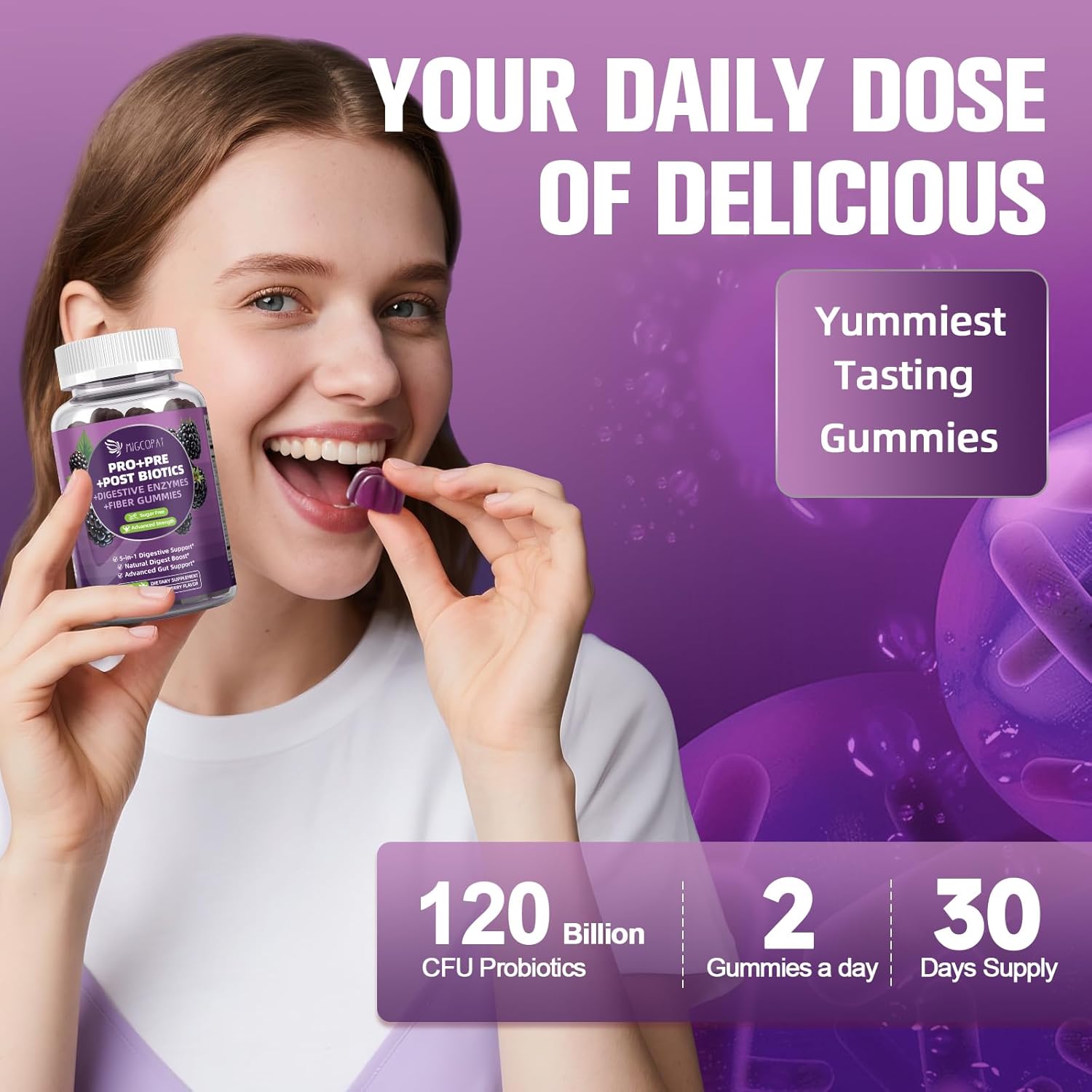 Pre Post Probiotics Gummies, 5 in 1 Probiotic Prebiotic Postbiotic Digestive Enzymes with Fiber, 120 Billion CFU Probiotics Complete Gut Support, Sugar Free, Vegan, BlackBerry Flavor, 60 Cts