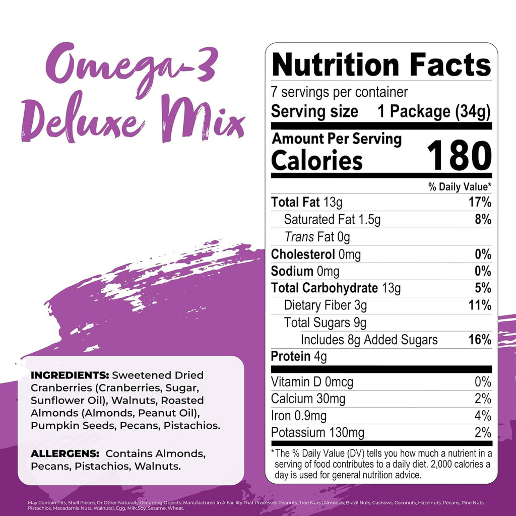 Nature's Garden Omega 3 Deluxe Mix - Trail Mix, Heart Healthy, Gluten Free, Cholesterol Free, Sodium Free, No Artificial Ingredients - 1.2 oz Bags (7 Individual Servings)