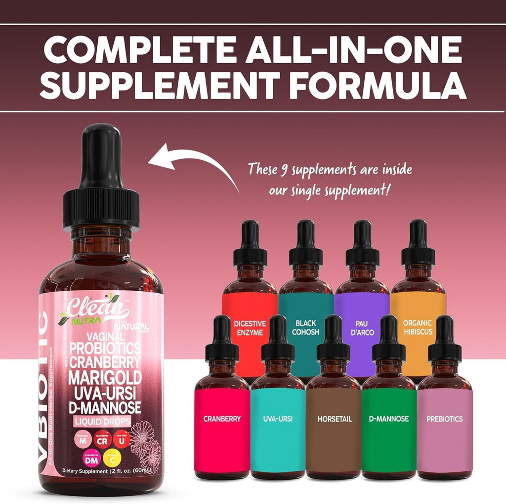 VBiotic Vaginal Probiotic for Women Liquid Drops | Womens Probiotics | Cranberry Uva Ursi Horsetail D-Mannose Prebiotics Marigold & Black Cohosh Vaginal Health Supplement | pH Balance | By Clean Nutra