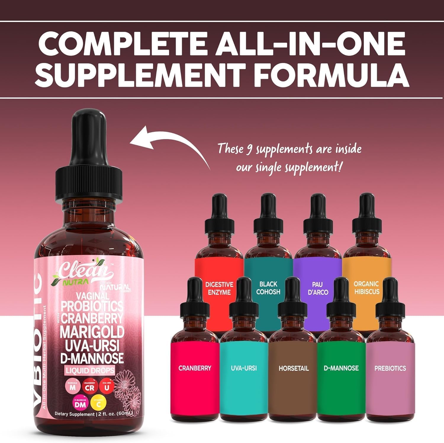 VBiotic Vaginal Probiotic for Women Liquid Drops | Womens Probiotics | Cranberry Uva Ursi Horsetail D-Mannose Prebiotics Marigold & Black Cohosh Vaginal Health Supplement | pH Balance | By Clean Nutra