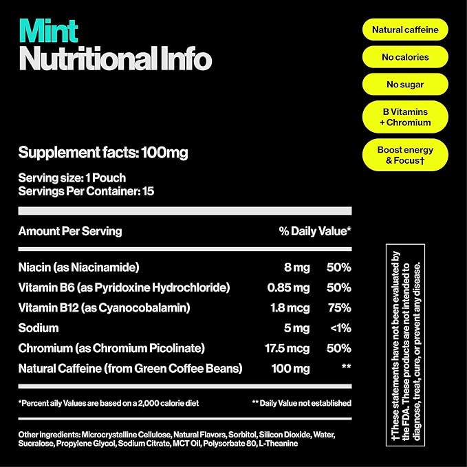 Wip Energy Pouches | 100mg Natural Caffeine | Vitamins and Minerals | Mint | 15 Pouches Per Can | 3 Cans