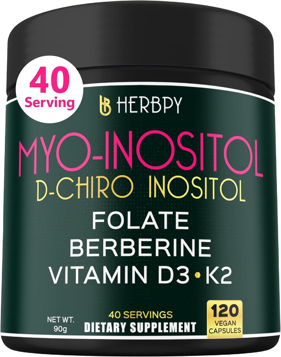 6in1 Premium 40:1 Myo-Inositol & D-Chiro Inositol Supplement for Women with Folate, Berberine HCl 97%, Vitamin D3 & K2 - Hormonal Balance & Ovarian Health Support- 120 Vegan Capsules
