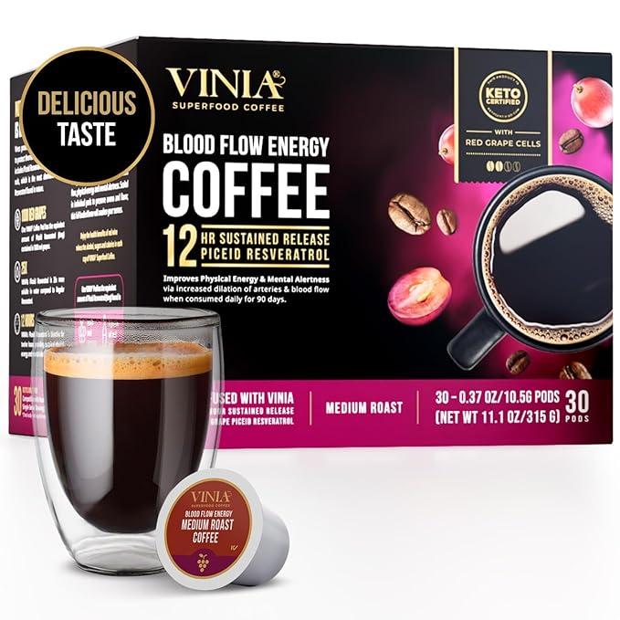 VINIA Medium Dark Roast with Red Grape Piceid Resveratrol, Nitric Oxide for Heart Health, Alertness, Physical Energy & Blood Flow Circulation. 30ct K-Cup Pods