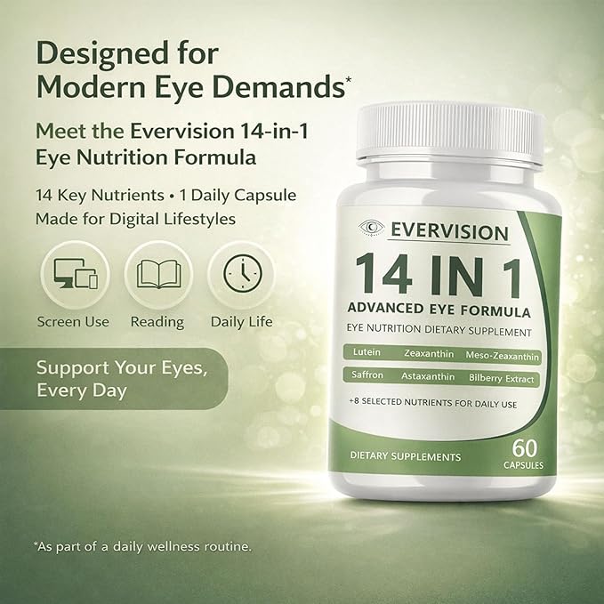 Evervision 14-in-1 Advanced Eye Formula, Daily Eye Nutrition Supplement with Lutein, Zeaxanthin, Saffron & Bilberry Extract, Eye Health Support for Adults – 60 Capsules (1)