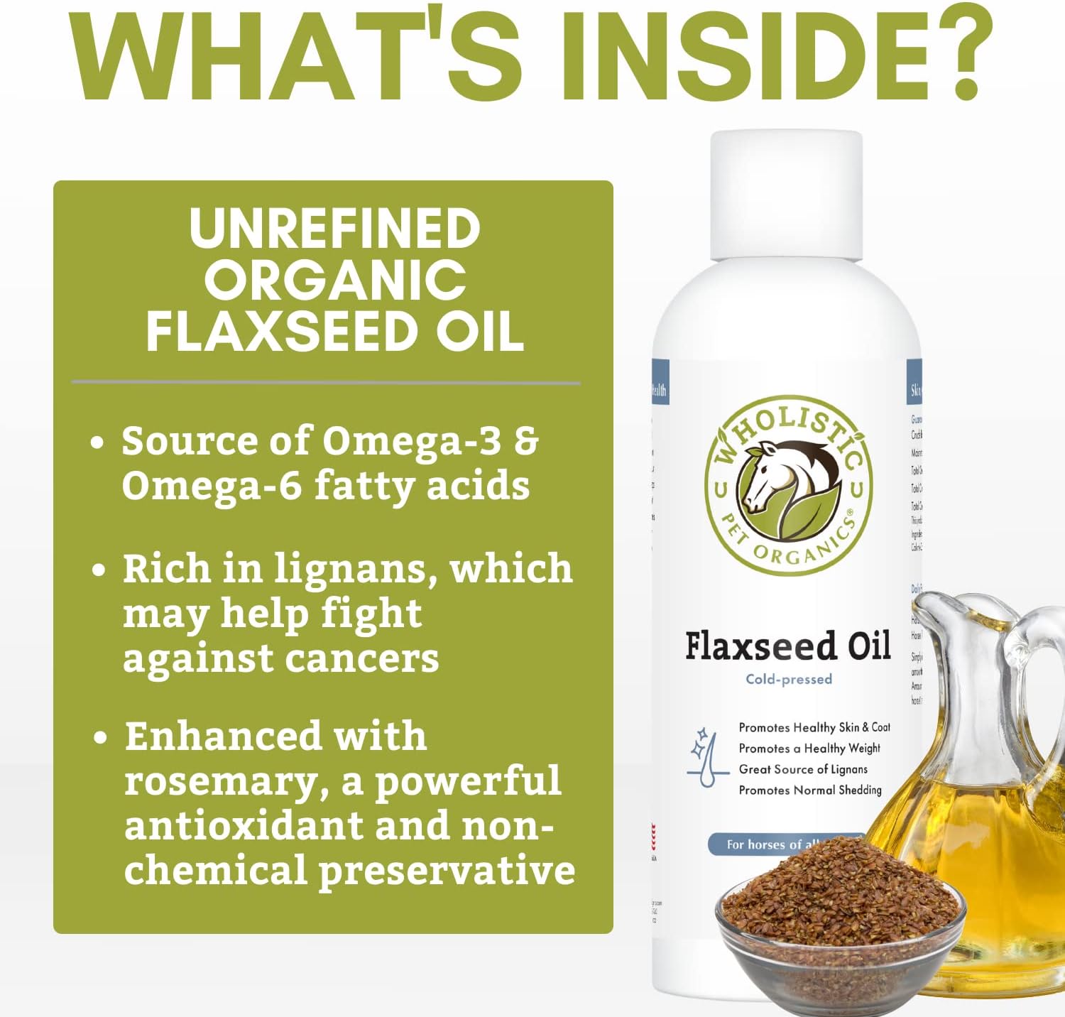 Wholistic Pet Organics Flaxseed Oil: Organic Flaxseed Oil for Horses -Flax Oil Horse Supplement with Antioxidant Rich Rosemary and Omega 3, 6 Fatty Acids for Cardio, Immune, Skin and Coat Health-16 Oz