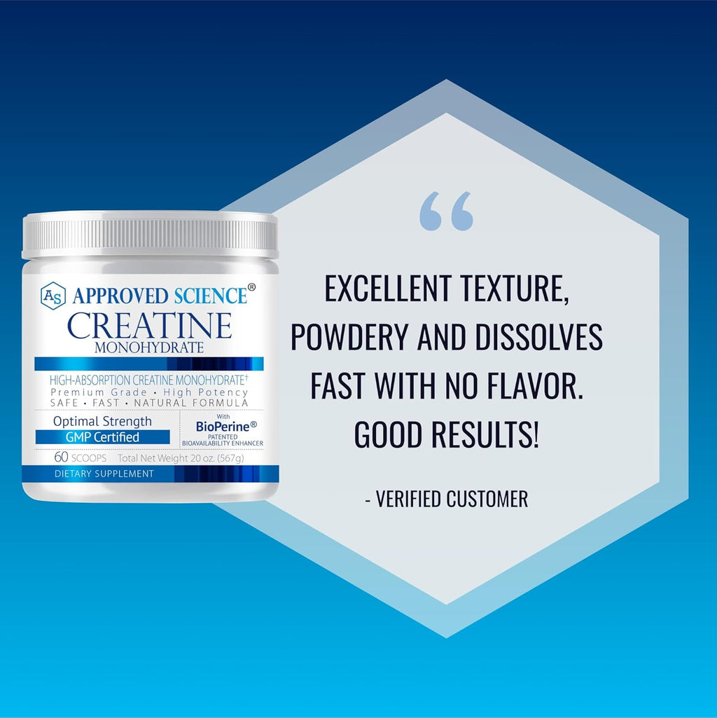 Approved Science Creatine Monohydrate Powder with BioPerine - Supports Lean Muscle Growth and Recovery - 60 Servings - 5g Per Serving - Unflavored - Non-GMO, Vegan
