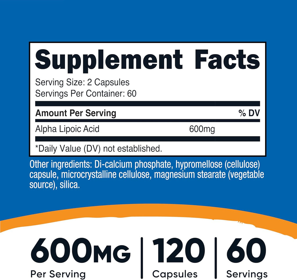 Nutricost Alpha Lipoic Acid 600mg Per Serving 120 Capsules, 60 Servings - Plant Based Caps, Non-GMO