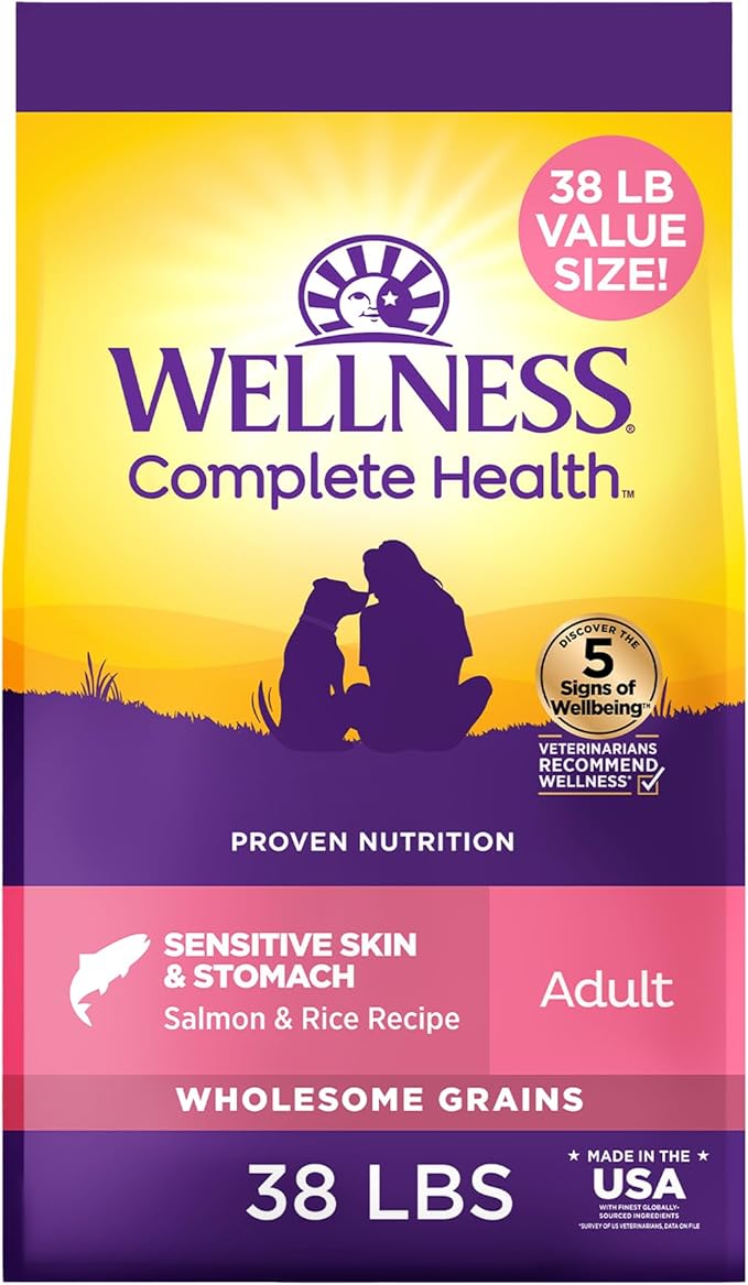 Wellness Complete Health Sensitive Skin & Stomach Dry Dog Food, Wholesome Grains, Salmon & Rice Recipe, (38-Pound Bag)