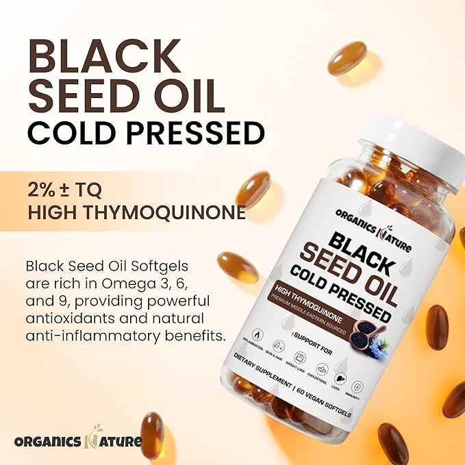 ORGANICS NATURE Black Seed Oil Cold Pressed Capsules - Immunity Support, Black Cumin Seed Oil, High Thymoquinone, Non-GMO & Vegan, Nigella Sativa, Omega 3 6 9, 1000MG Per Serving, 60 Softgels