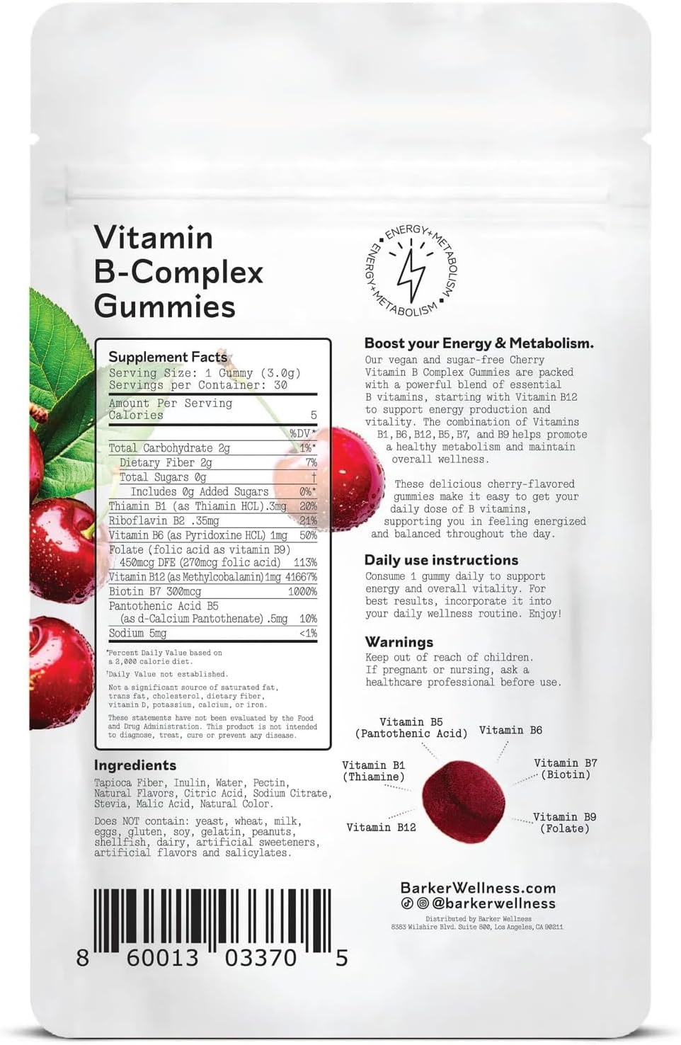 Barker Wellness Vitamin B-Complex Gummies | Energy & Metabolism Support | B1, B5, B6, B7, B9, B12 | Vegan, Sugar-Free | Cherry Flavor | 30 Gummies
