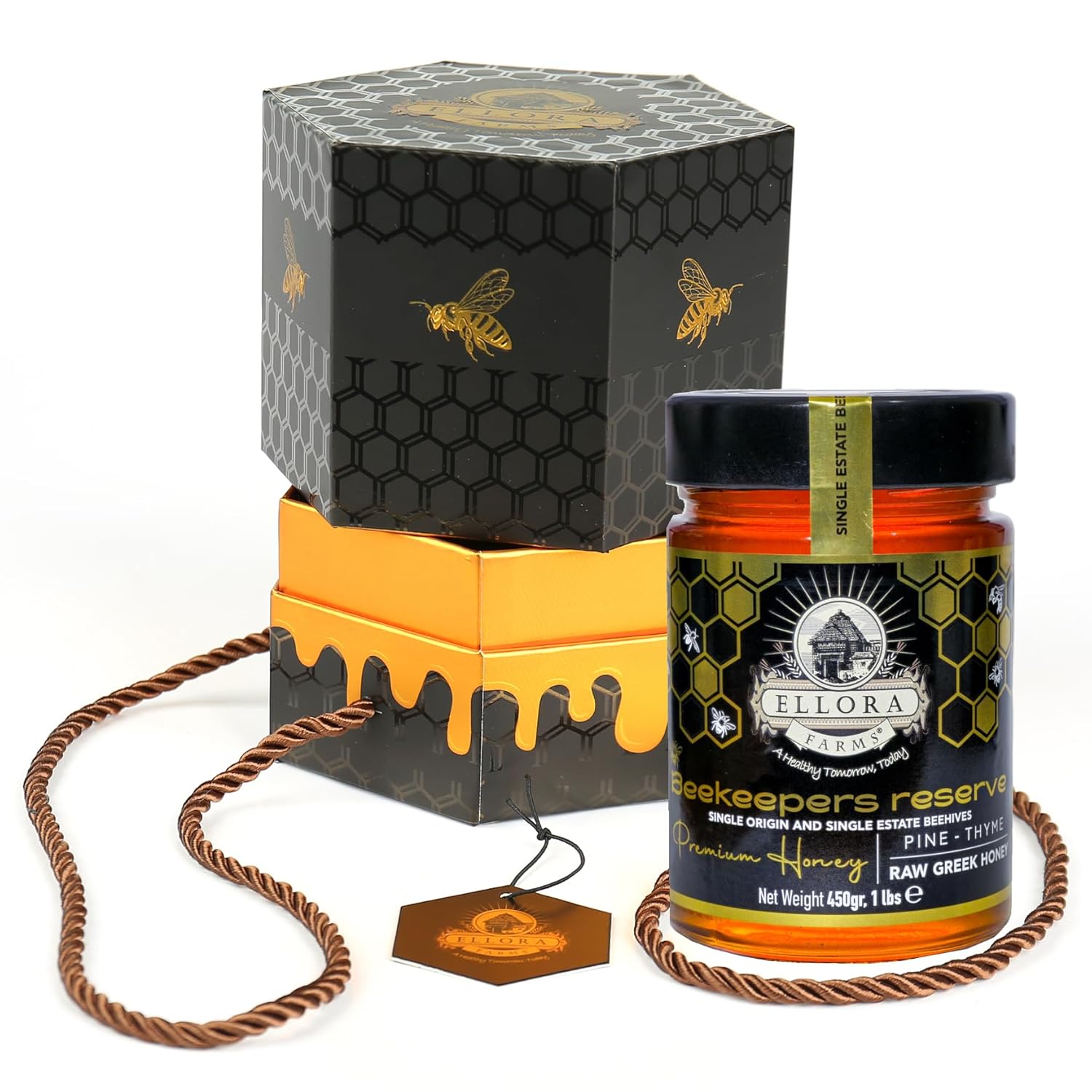 Ellora Farms Single Estate PDO Raw Greek Honey, Pine & Thyme Raw Honey Unfiltered, Beautiful Gift Pack with Dipper, Beekeepers Reserve, Pure Raw & Unfiltered Cold-Pressed, Gluten Free - 450 g