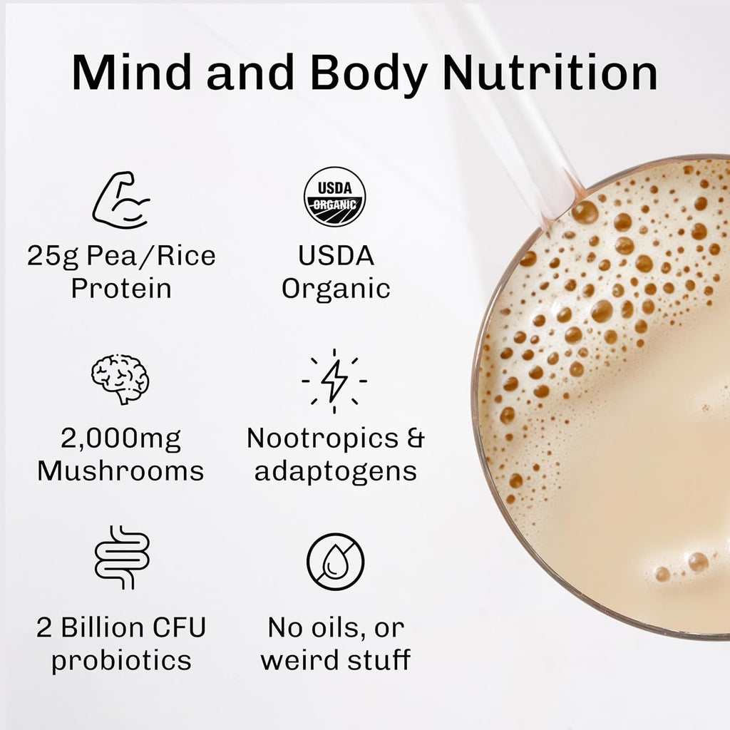 MUDWTR Nourish | Vanilla Mushroom Protein Powder | 2,000mg Adaptogenic Mushrooms | Vegan Protein Powder | USDA Organic | Focus, Mood & Digestion Support | Vanilla, Lion's Mane, Bacopa | 15 Servings