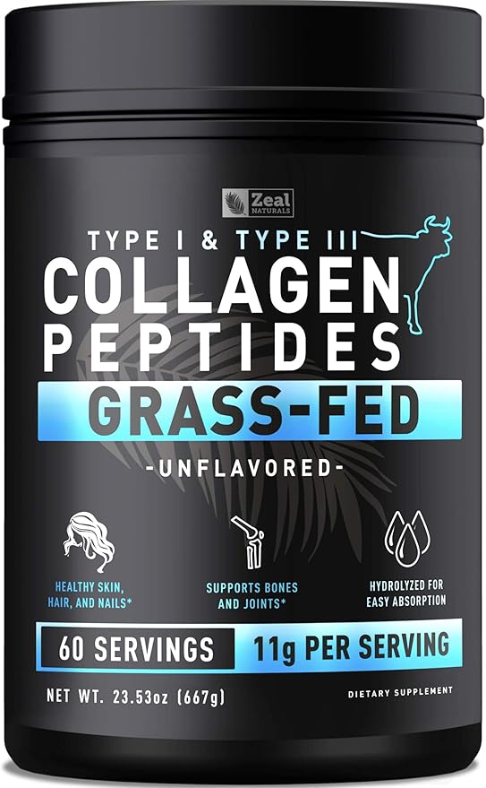 Zeal Naturals Multi Collagen Peptides Powder, 9g Protein Vitamin C Biotin Hyaluronic Acid Collagen for Women and Men, Hair Skin Nails Bone Health Grass-Fed Gluten-Free 45 Servings Unflavored, 14.72oz.