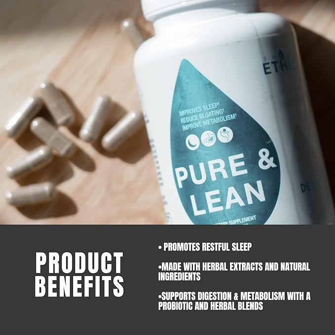 Sweat Ethic Pure & Lean Detox, Natural Nighttime Support with GABA, 5 HTP, Melatonin, Probiotics & Herbal Extracts, Supports Evening Routine and Digestion, Dietary Supplement for Men & Women, 60 Count