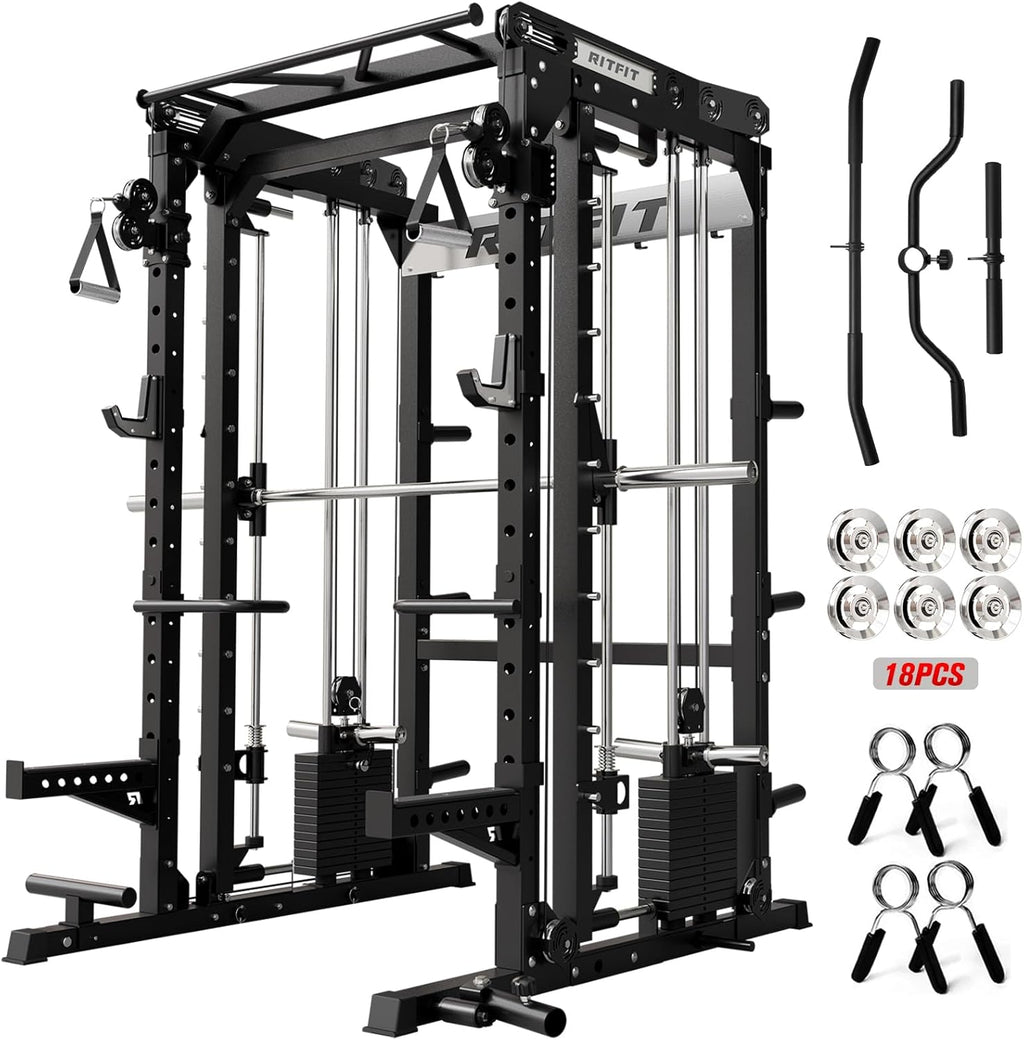 RitFit M2 PRO-3D Smith Machine with Weight Stack, 3D Functional Trainer & Power Cage, 308.6lbs Stack, 16 Adjustment Holes, 6 Storage Pegs for Full-Body Home Gym