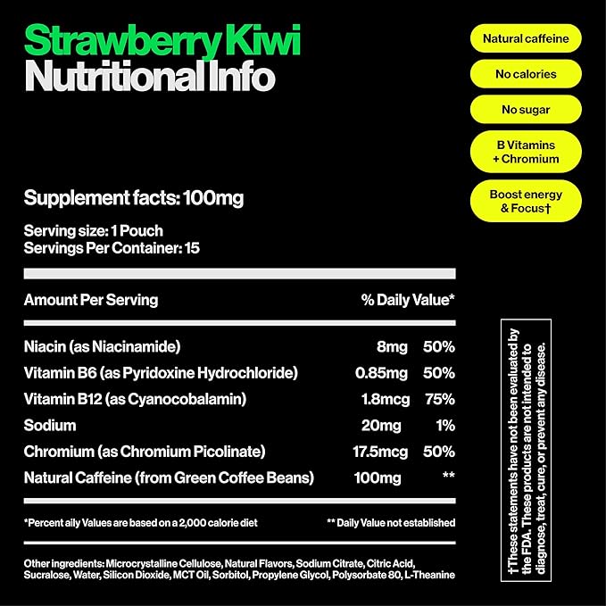 Wip Energy Pouches | 100mg Natural Caffeine | Vitamins and Minerals | Strawberry Kiwi | 15 Pouches Per Can | 1 Can