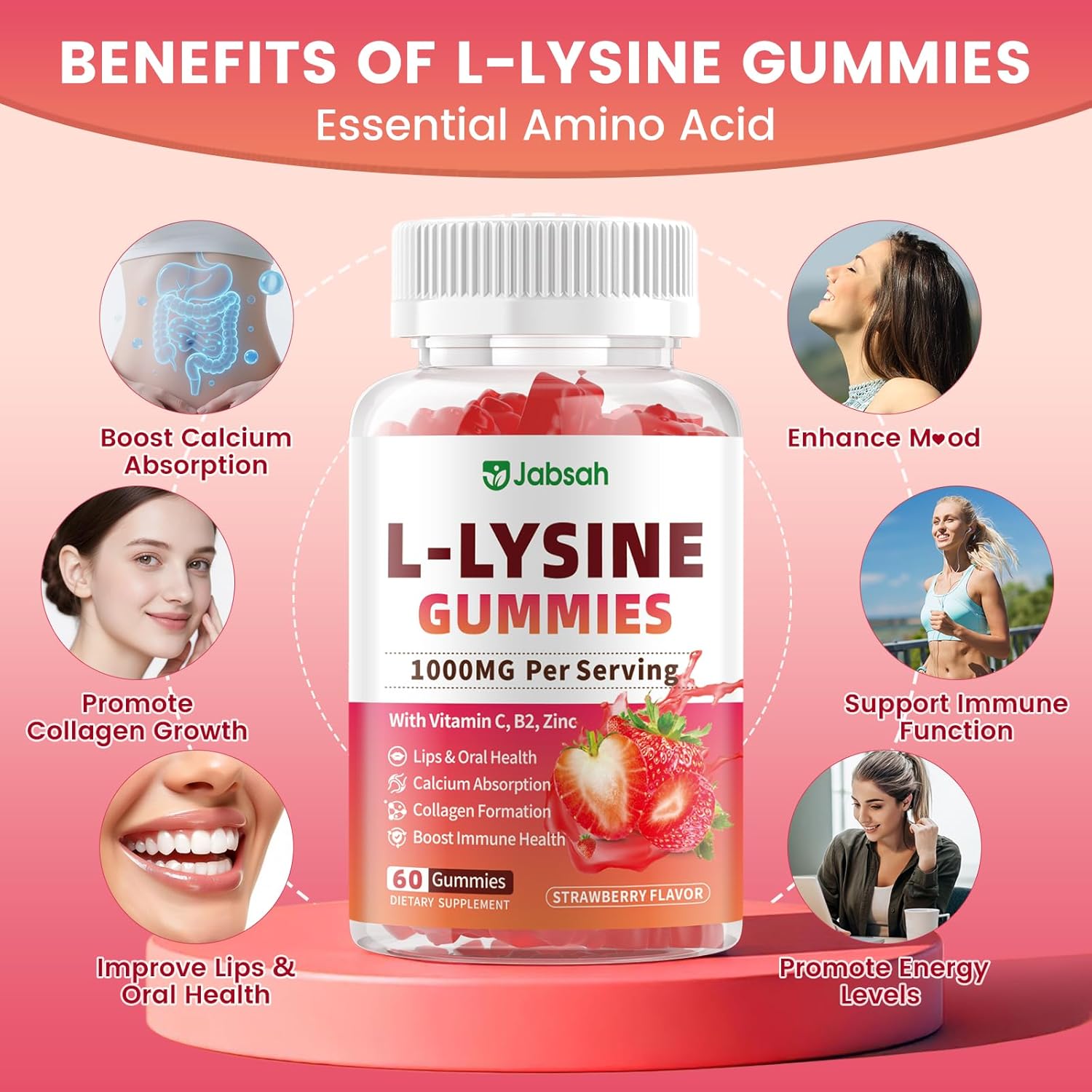 L-Lysine Gummies 1000 mg for Kids and Adults, L-Lysine Supplements with Vitamin C, B2 for Lips & Oral Health, Immune Support & Collagen & Calcium- Vegan, Non GMO, Strawberry Flavor, 60 Count