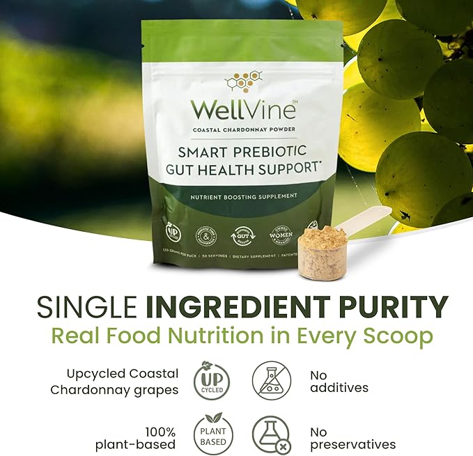 Premium Smart Prebiotic Gut Health Supplement Powder for Men & Women | Digestive Support & Gut Health With 100% Upcycled Chardonnay Grapes | Plant-Based, Gluten and Allergen-Free | 4.75Oz