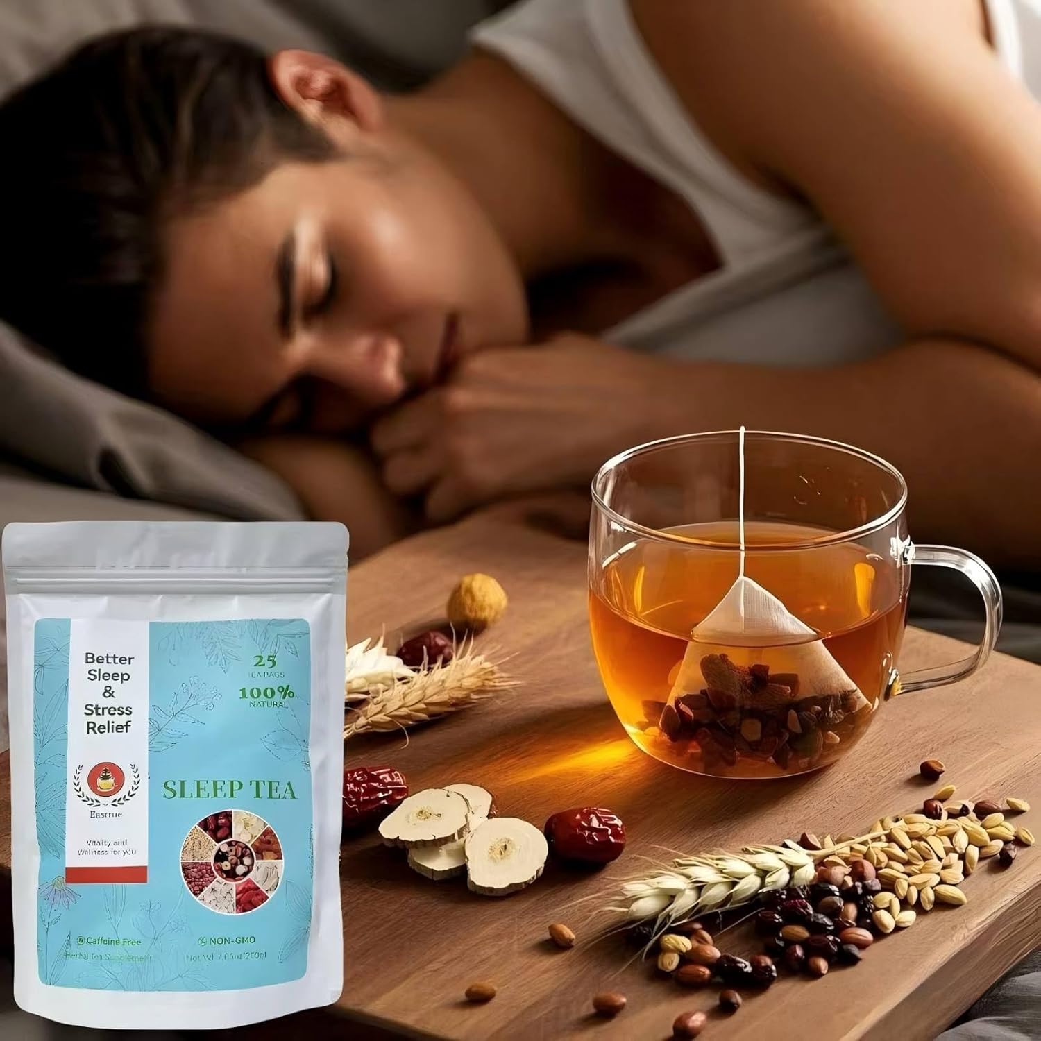 Eastrue Herbal Tea for Sleepytime-Caffeinated Barley Tea Blend 8 Natural Herbs with Jujube Dates,Goji berry, Promotes Healthy Digestion,Pressure Balance,Menopause,Organic,25 Tea Bags