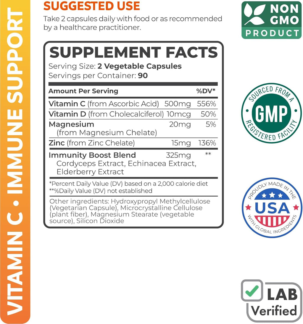 Vitamin C Immune Support Supplement - Immune Boost Blend with Elderberry Vitamin C and Zinc for Daily & Seasonal Support - Magnesium Zinc VIT C & D and Herbal Defense Complex (3 Months Supply)