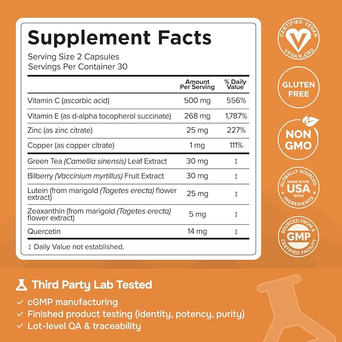 Macutene Protect Eye Vitamins for Macular Support Areds 2 with Lutein and Zeaxanthin Supplements (25mg/5mg) – Doctor Formulated Bilberry Supplement for Eyes, Lab Tested, Vegan (60 Capsules)