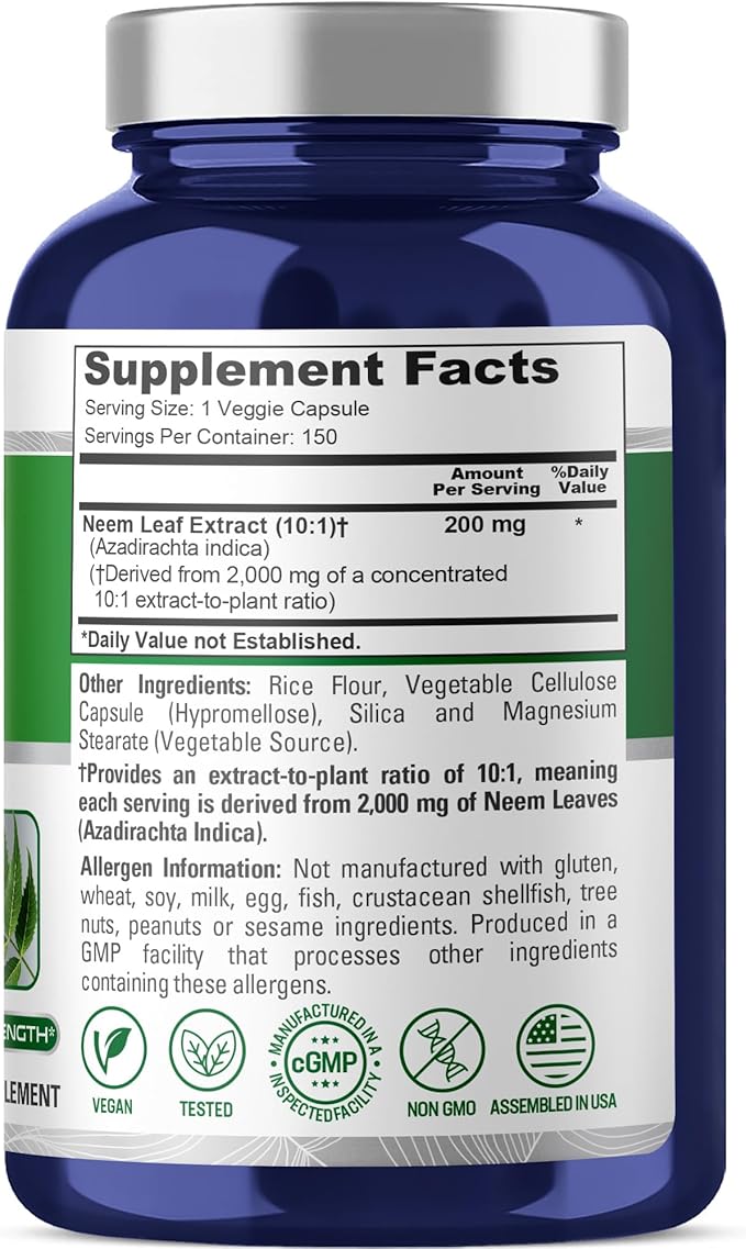 NusaPure Neem Leaf Root 10:1 Extract, 200 mg Equivalent to 2,000 mg 150 Veggie Capsules|Herbal Supplement|Non-GMO, Vegan
