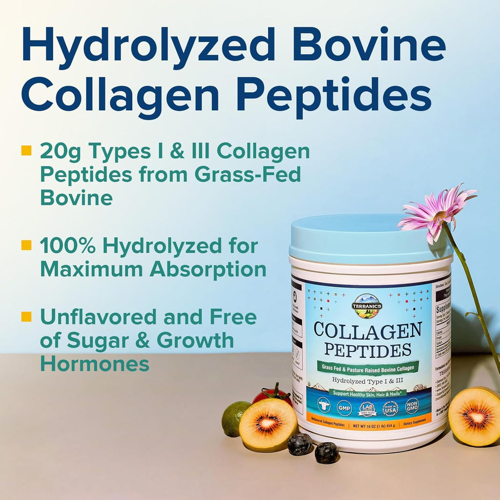 Terranics Hydrolyzed Collagen Peptides Powder, Grass Fed & Pasture Raised Bovine, Type I & III Collagen for Women, No Sugar, No Hormones, Keto, Beauty Support, Easy Mixing, Unflavored, 16oz
