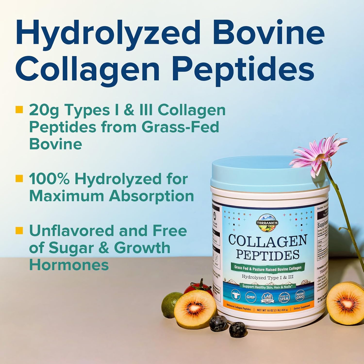 Terranics Hydrolyzed Collagen Peptides Powder, Grass Fed & Pasture Raised Bovine, Type I & III Collagen for Women, No Sugar, No Hormones, Keto, Beauty Support, Easy Mixing, Unflavored, 16oz