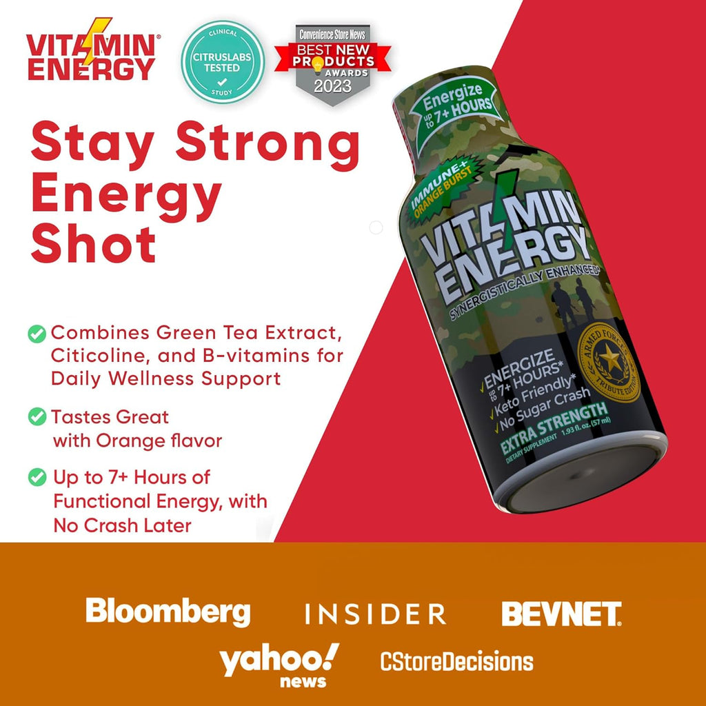 Vitamin Energy Immune+ Extra Strength Energy Shot Army Orange 12 Pack, 260mg Natural Caffeine, B-Vitamins, Citicoline, Green Tea, Immunity & Focus Support, Zero Sugar, Gluten-Free 1.93 fl oz