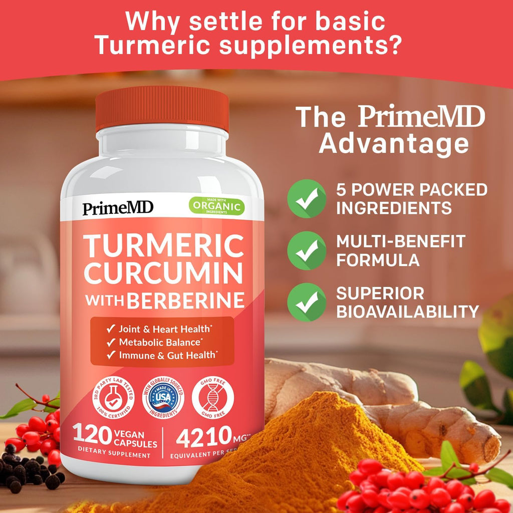 5-in-1 Organic Turmeric Curcumin Supplement (4210mg) with Berberine, Ceylon Cinnamon Bioperine and Ginger Supplements for Joint, Heart, Gut, & Metabolic Support (120 ct) (Pack of 3)