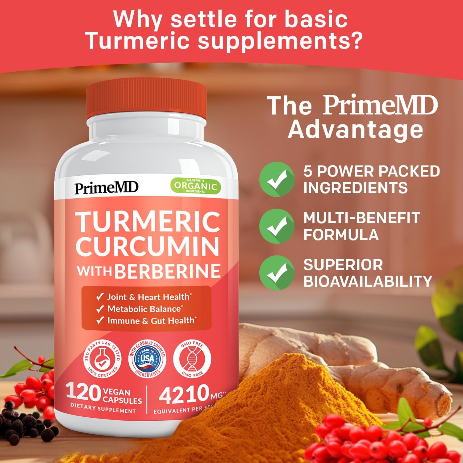 5-in-1 Organic Turmeric Curcumin Supplement (4210mg) with Berberine, Ceylon Cinnamon Bioperine and Ginger Supplements for Joint, Heart, Gut, & Metabolic Support (120 ct) (Pack of 3)