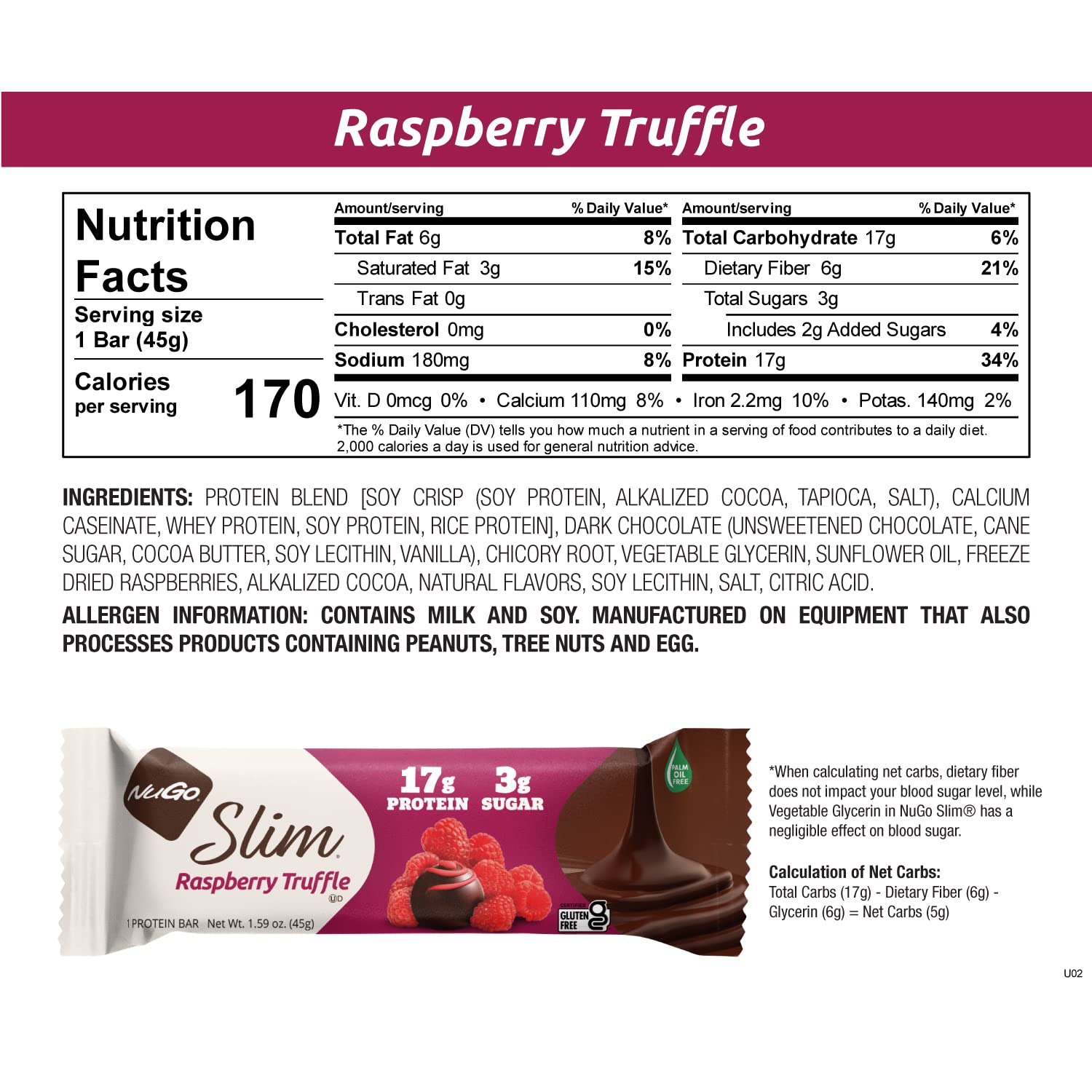 NuGo Slim Dark Chocolate Raspberry Truffle, 17g Protein, 2g Sugar, 7g Fiber, Low Net Carb, Keto Friendly, Gluten Free, 24 Count