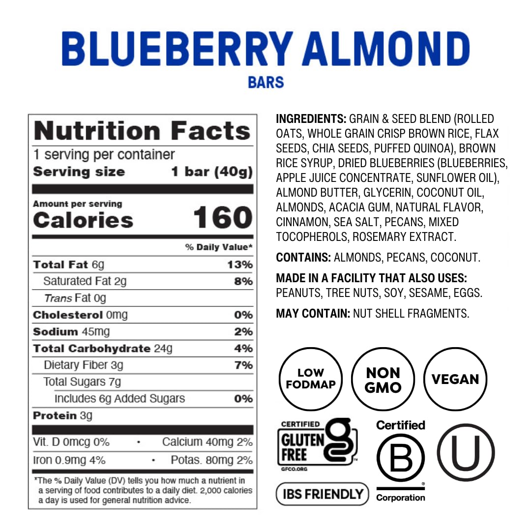 Fody Foods Snack Bars, Blueberry Almond, 1.41 Oz (Pack of 12), 3g Protein, Low FODMAP, Gut & IBS Friendly, Vegan, Lactose Free, Non-GMO, Gluten Free