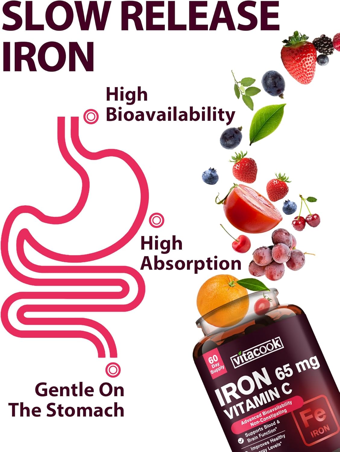 Iron Supplement for Women Men, High Potency Iron 65mg with Vitamin C 250mg, Slow Release Stomach Friendly Iron Pills for Red Blood Cell & Immune Support, Non-GMO, Gluten Free, 60 Vegan Tabs