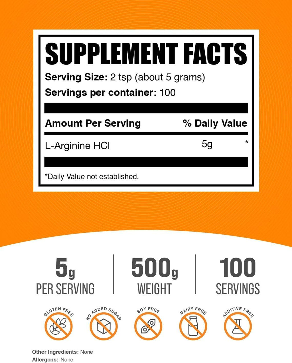 BulkSupplements.com L-Arginine HCl Powder - Nitric Oxide Supplement, Arginine Powder - Unflavored & Gluten Free, 5g per Serving, 500g (1.1 lbs) (Pack of 1)