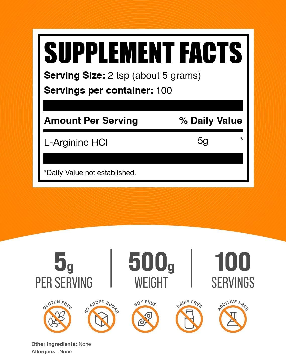 BulkSupplements.com L-Arginine HCl Powder - Nitric Oxide Supplement, Arginine Powder - Unflavored & Gluten Free, 5g per Serving, 500g (1.1 lbs) (Pack of 1)
