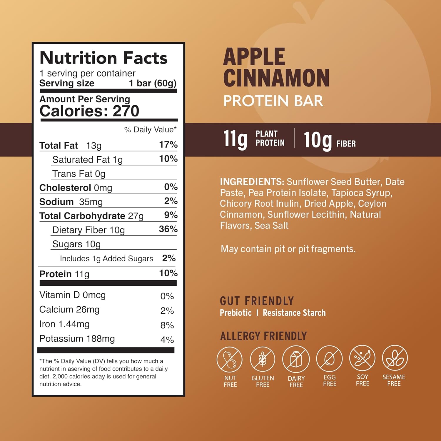 Amrita Nut Free Apple Cinnamon Vegan Protein Bars (12 Count) | 11g Plant-Based Protein Bar | Peanut Free, Gluten Free, and Dairy Free | Low Sugar, High Fiber, Healthy School-Safe Snacks