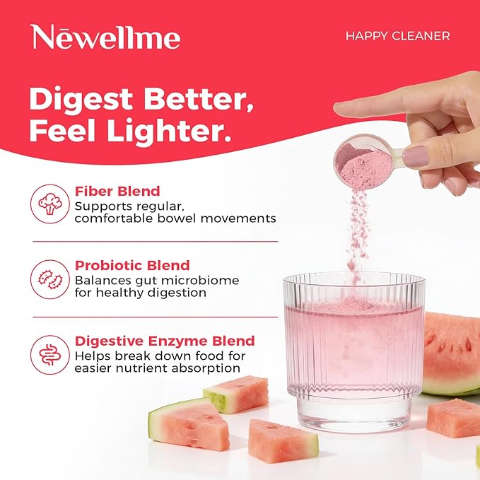 NEWELLME Happy Cleaner Digestive Supplement Powder, Gut Health Drink Mix with Probiotics, Digestive Enzymes & Fiber, Supports Digestion and Bloating, Watermelon Flavor, 14 Sachets