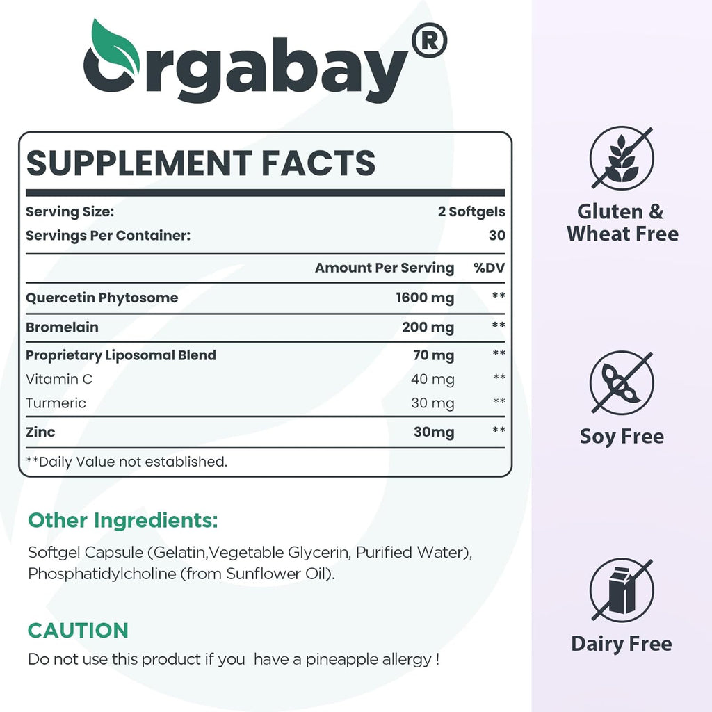 Orgabay Liposomal Quercetin Phytosome 1600 mg,Bromelain 200mg,Zinc 30mg,Vitamin C Turmeric 40 mg,Highest Absorption,Quercetin Complex, 120 Softgels